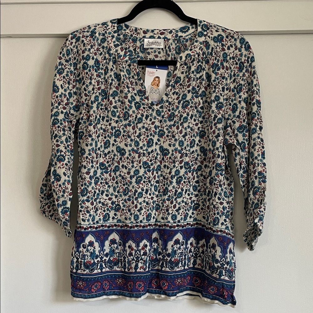 Blue Floral Border Cream Tunic Top
